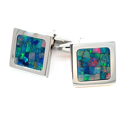 Australian Square Opal Cufflinks (Green Shiny Silver)