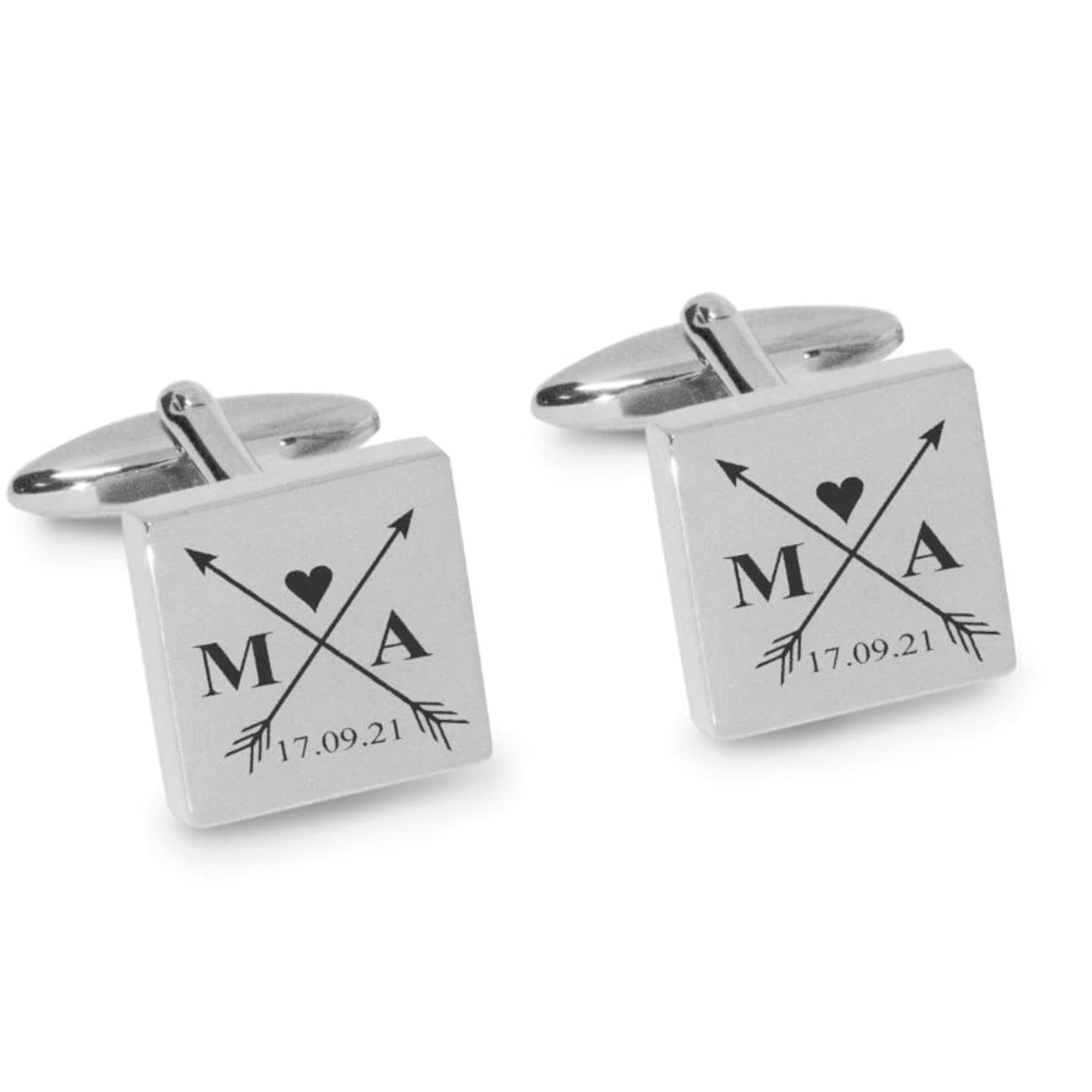 Crossed Arrows with Loveheart, Initials and Date Engraved Cufflinks in Silver