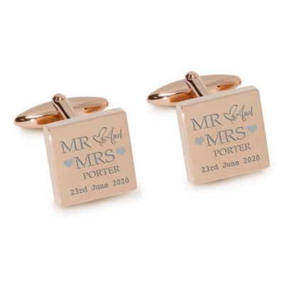 Mr Mrs Last Name Love Heart with Date Engraved Wedding Cufflinks in Rose Gold