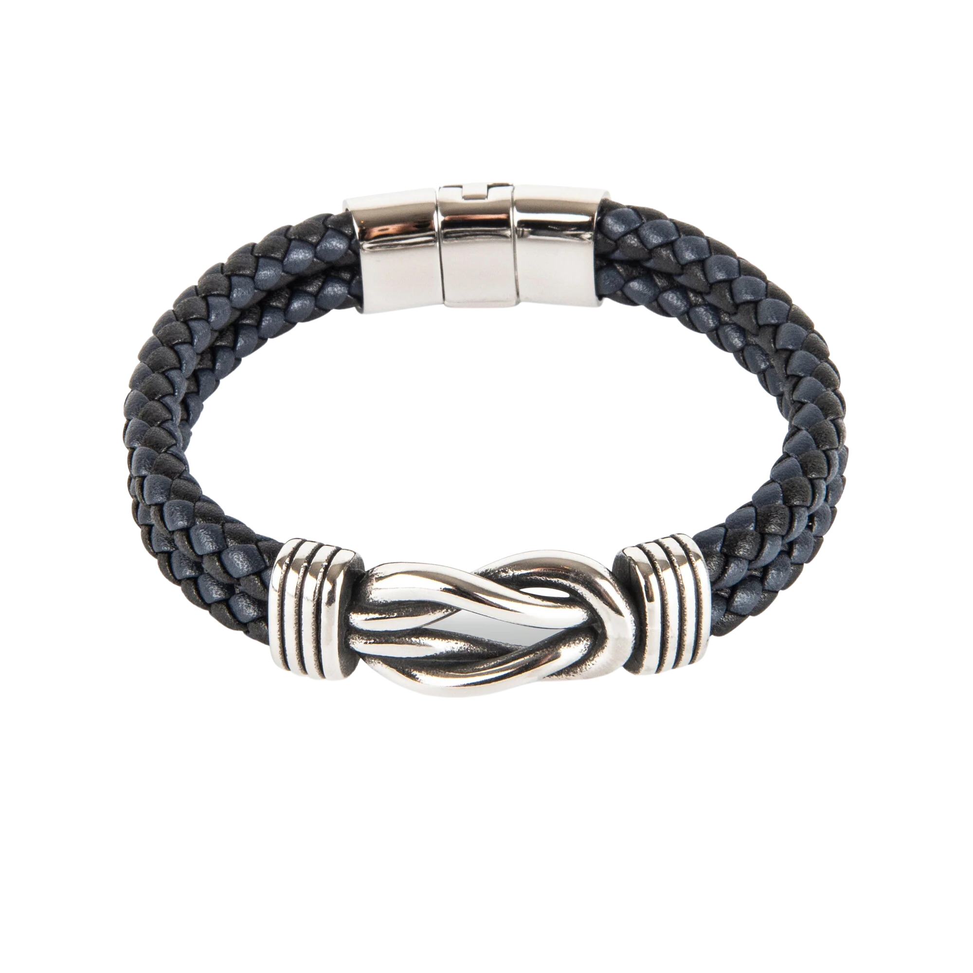 Navy/Black Double Leather Bracelet SS Square Knot