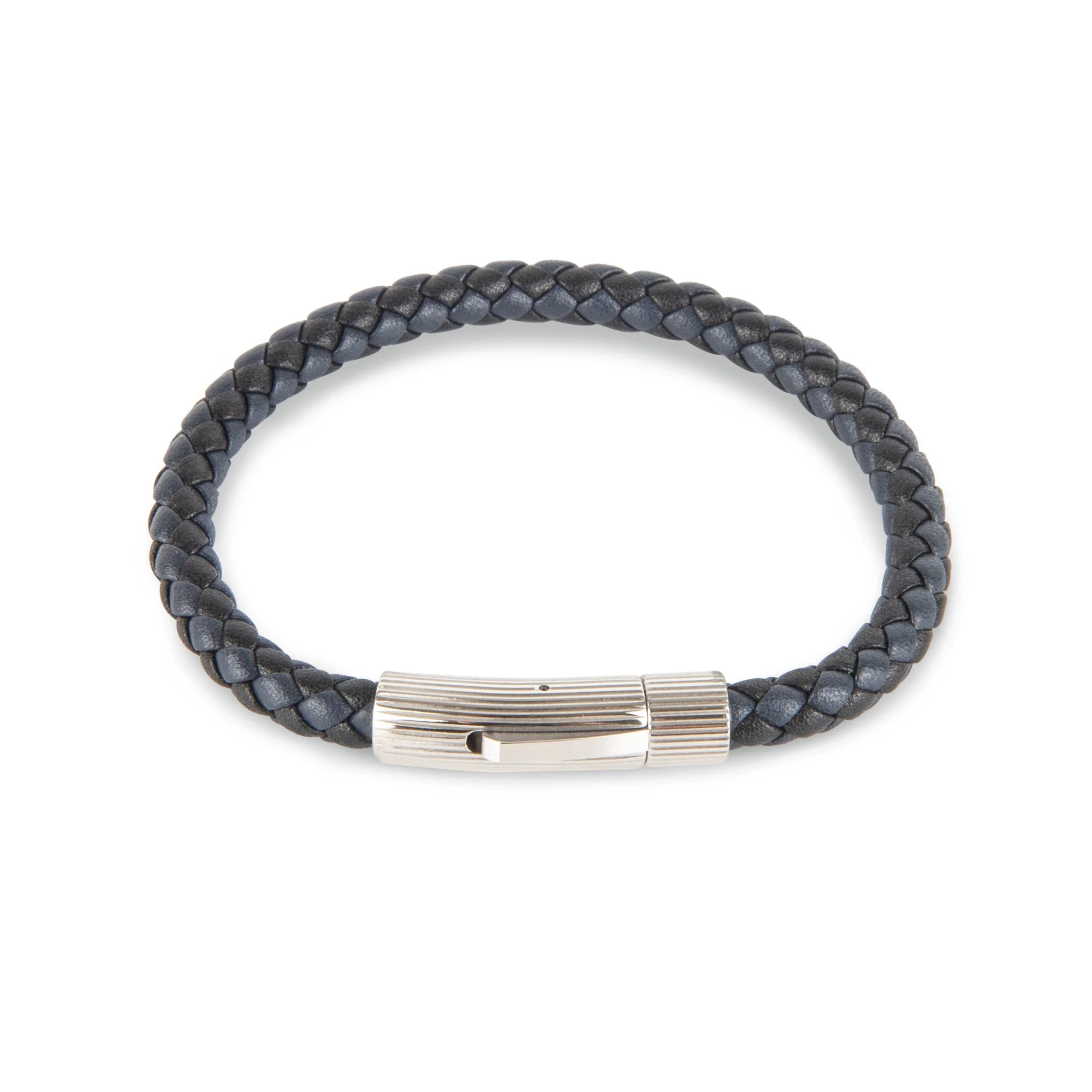 Navy/Black Leather Bracelet with SS Textured Barrel Clasp