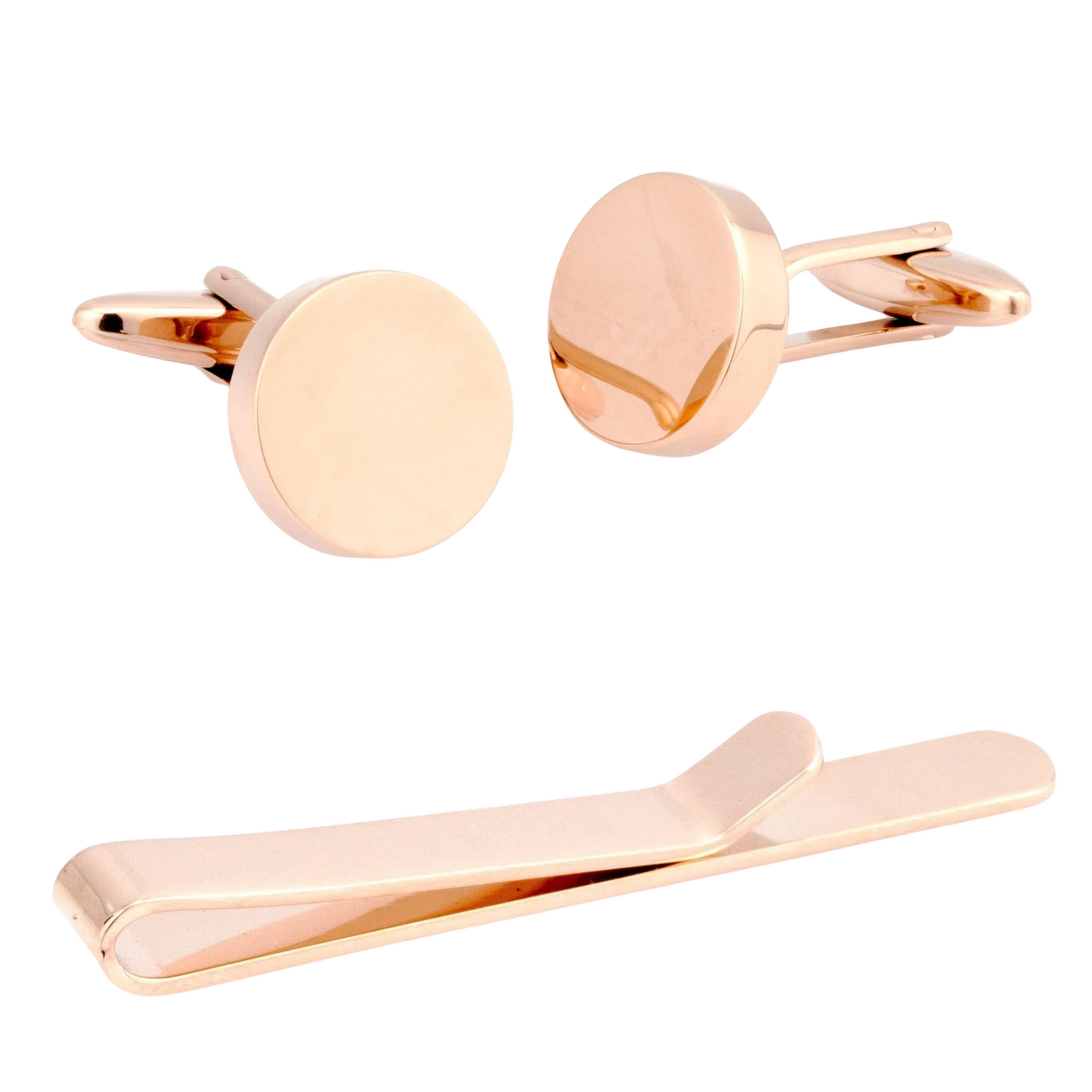 Round Rose Gold Cufflinks & Tie Bar Set