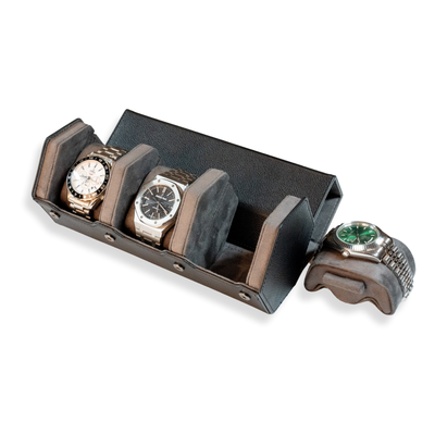 Hex Leather Watch Roll 3 Slots in Black/Charcoal