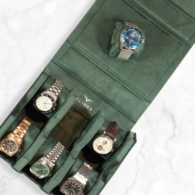 Hex Leather Watch Roll 6 Slots in Black/Green