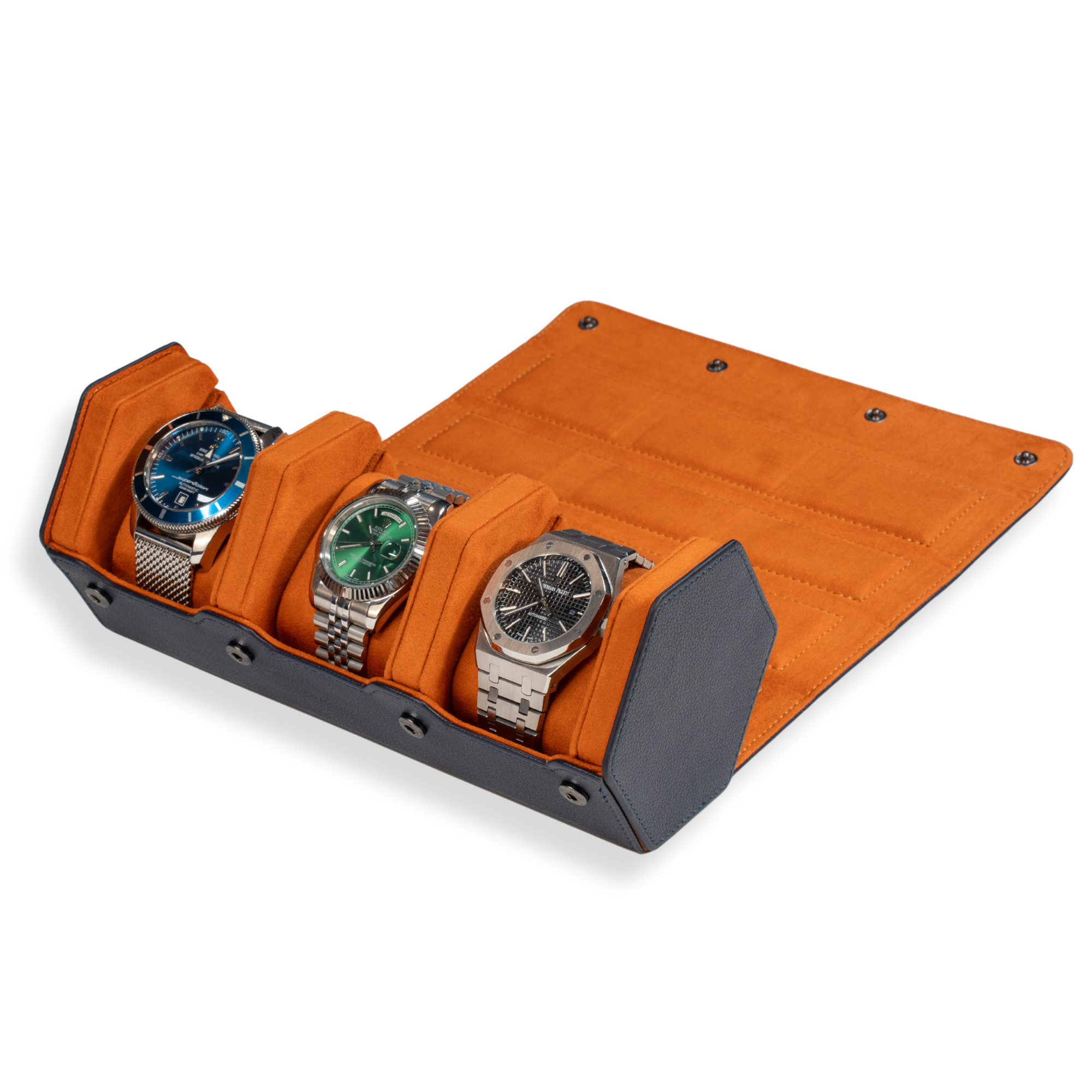 Hex Leather Watch Roll 3 Slots in Navy/Orange