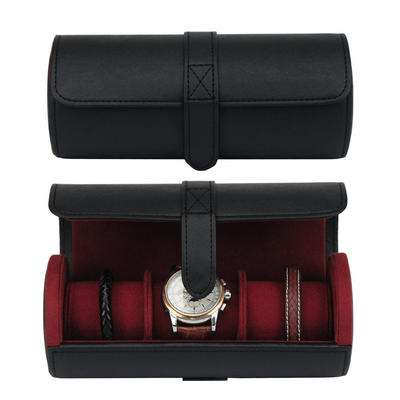 Watch Roll Case for 3 in Black Vegan Leather