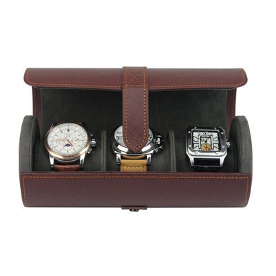 Watch Roll Case for 3 in Dark Brown Vegan Leather