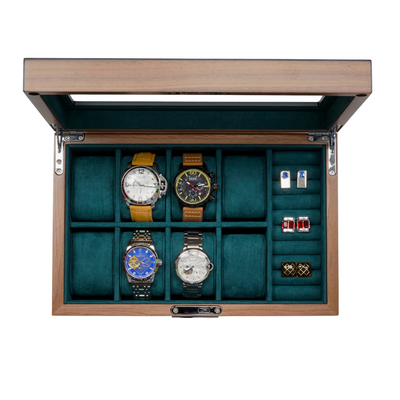 8 Slots Walnut Wooden Watch Box with Cufflinks Storage