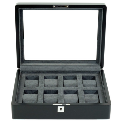 8 Slot Black Wooden Watch Box with Charcoal Interior