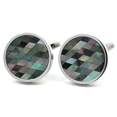 Mosaic Shell Cufflinks in Round Silver