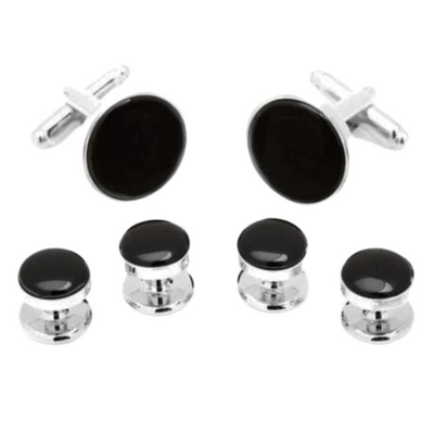 Silver Round Onyx Cufflinks and Stud Set