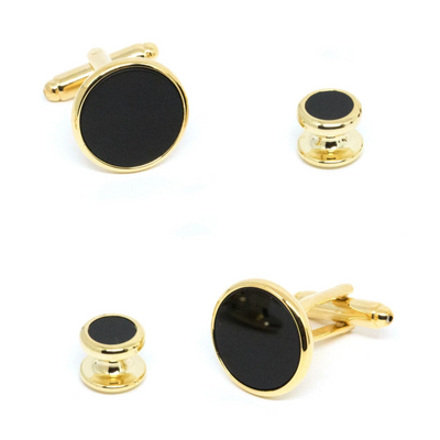 Gold Round Onyx Cufflinks and Stud Set