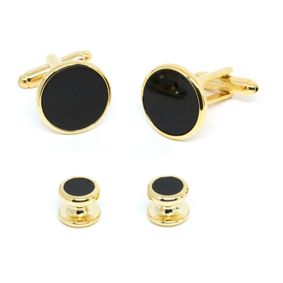 Gold Round Onyx Cufflinks and Stud Set