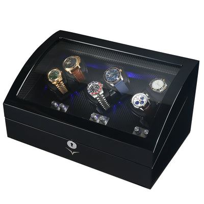 Avoca Watch Winder Box 6 + 6 Watches in Black with Carbon Fibre Interior