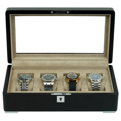 4 Slot Black Wooden Watch Box with Cream Interior