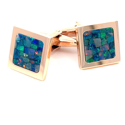 Australian Square Opal Cufflinks  (Green Shiny Rose Gold)