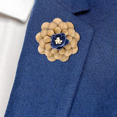 Wooden Blue Flower Lapel Pin