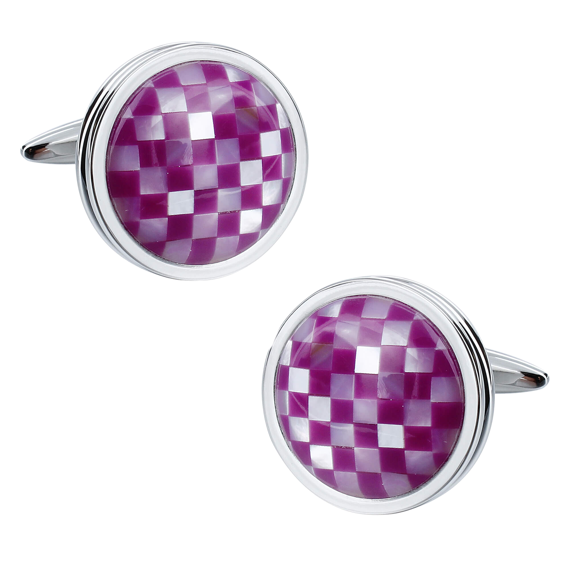 Mother of Pearl and Purple Checkerboard in Round Silver Cufflinks