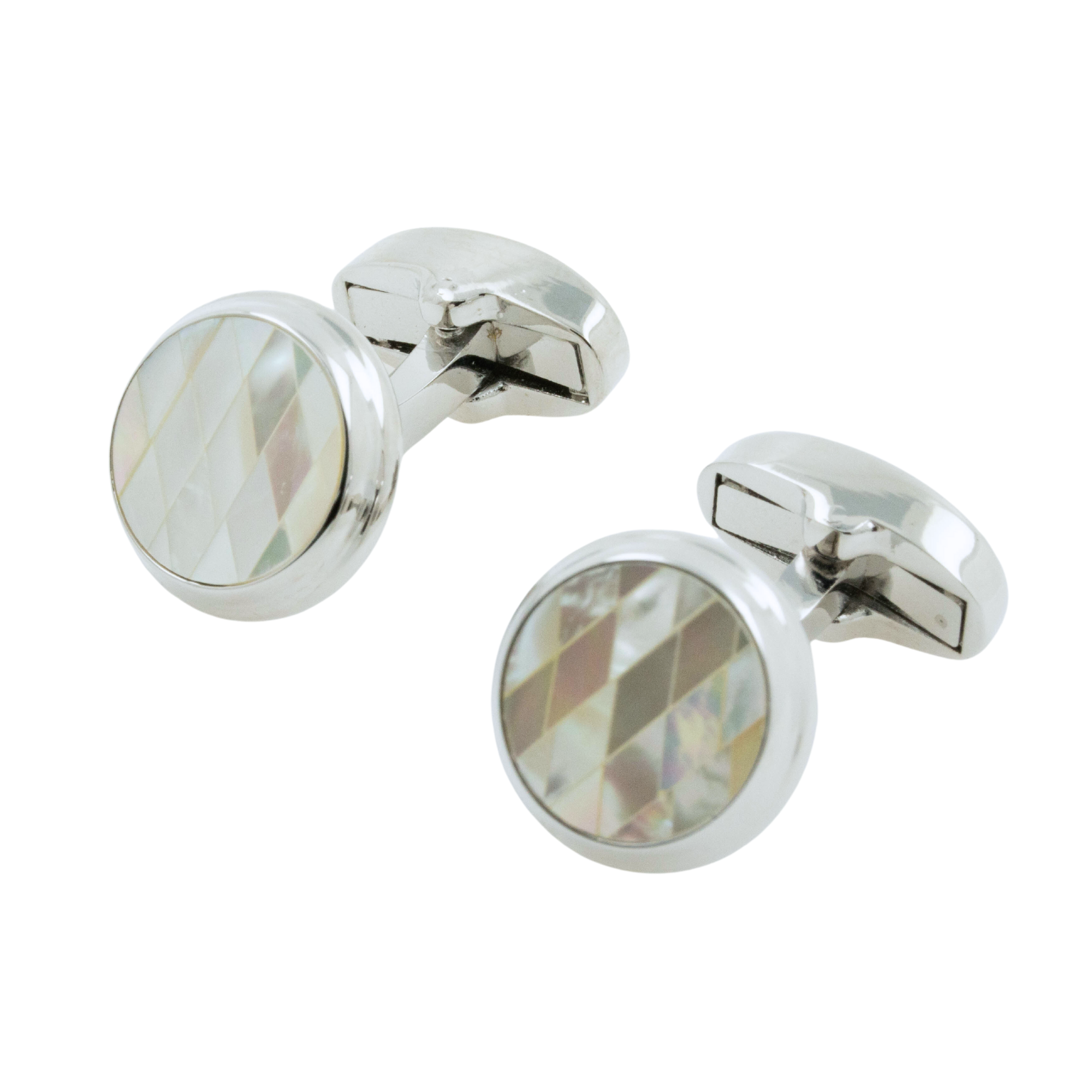 Diamond Mosaic Mother of Pearl Cufflinks in Round Silver