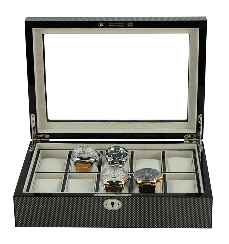 Carbon Fibre Wooden Watch Box, 10 Watch Box, Cuffed Watch Box, Clinks Australia Watch Box, Carbon Fibre Watch Boxes on Cuffed, Australia Watch Box, Watch Storage Box, Watch Display Box, 10 Slots Watch Box, Watch Boxes for 10, Wooden Watch Box, Carbon Fibre, Watch Boxes, CB5055, Clinks.com