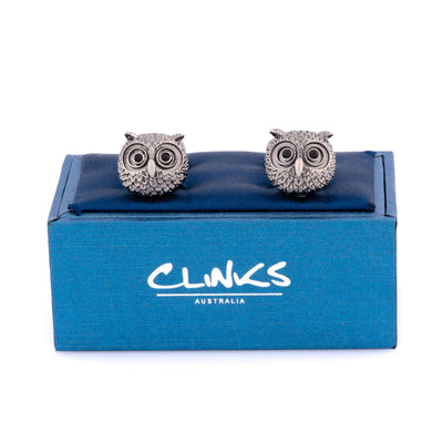 Silver Textured Owl Head Cufflinks with Black Crystal Eyes