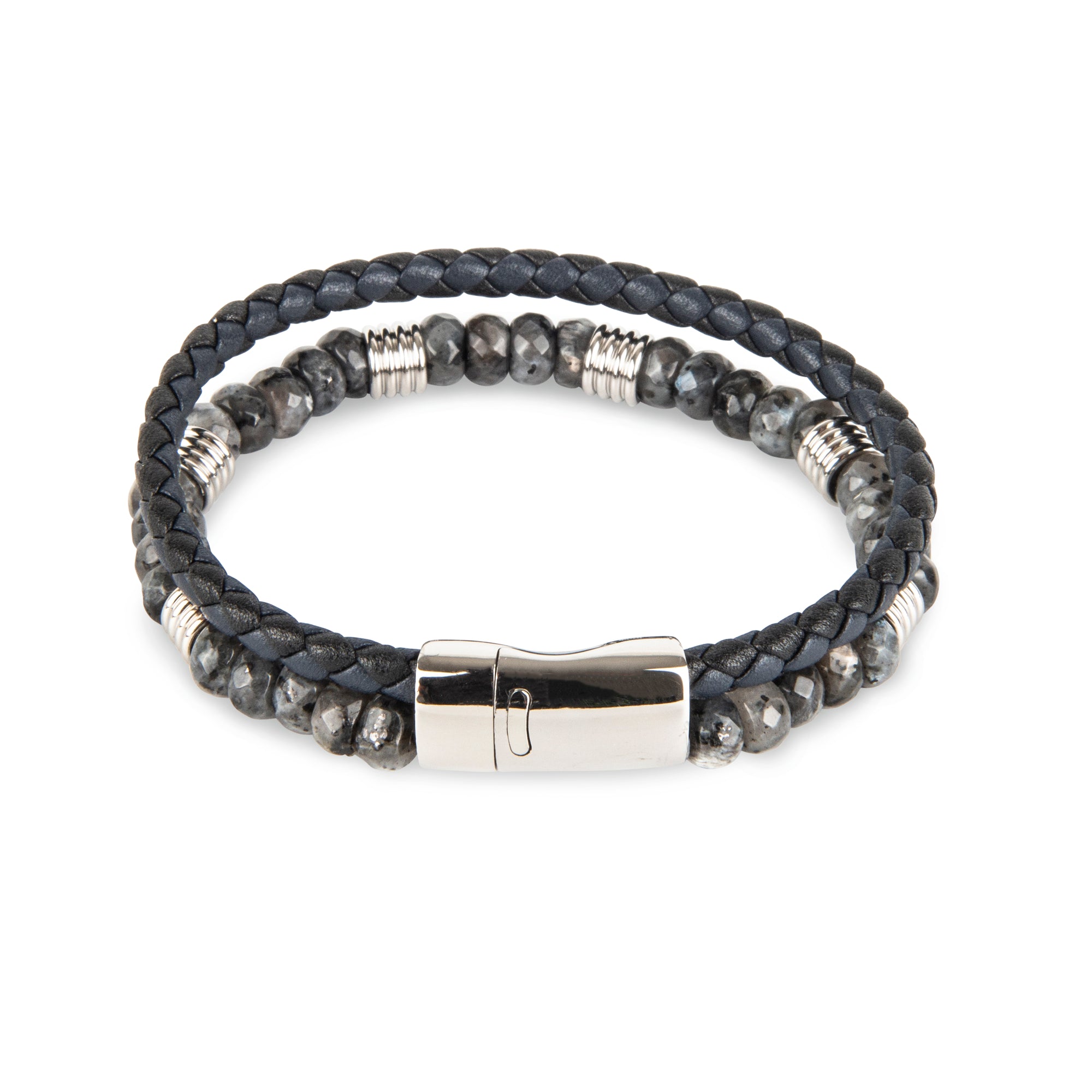 Beaded Labradorite & Leather Weave Double Bracelet