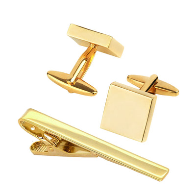 Shiny Gold Square Cufflinks & Tie Clip Set