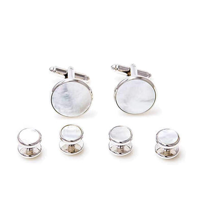 Silver Round Mother of Pearl Cufflinks and Stud Set