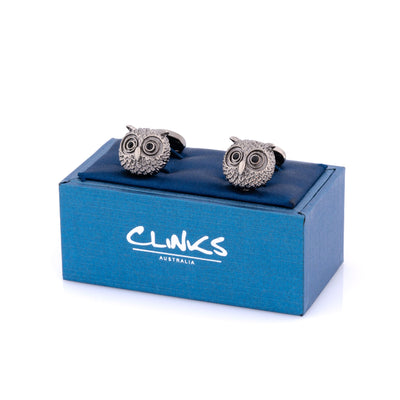 Silver Textured Owl Head Cufflinks with Black Crystal Eyes