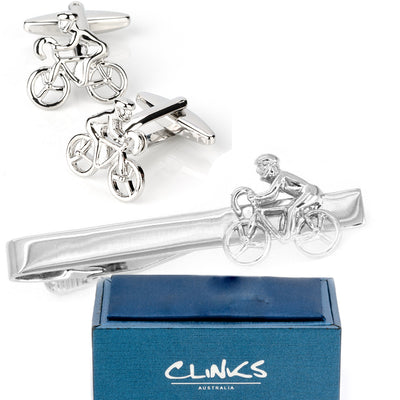 Bicycle Cyclist Silver Cufflinks & Tie Clip Set