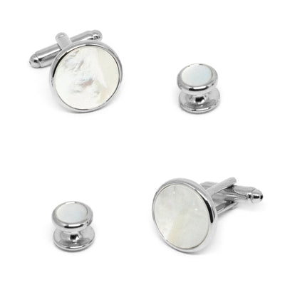 Silver Round Mother of Pearl Cufflinks and Stud Set