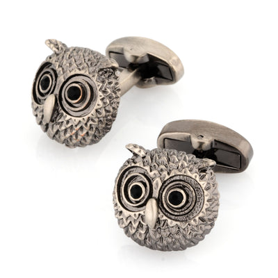 Silver Textured Owl Head Cufflinks with Black Crystal Eyes