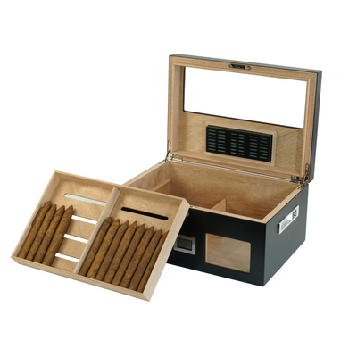 100 CT Black Wooden Cigar Humidor Box with Digital Hygrometer