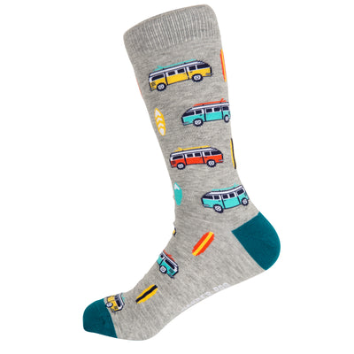 Beach Kombi VW Bamboo Socks by Dapper Roo, Socks, Heather Grey, Teal, Multi, Bamboo, Elastane, Nylon, Elastic, SK2011, Men's Socks, Clinks.com