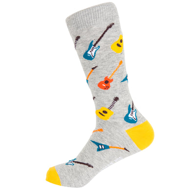 Rock On Guitar Bamboo Socks by Dapper Roo, Rock on Guitar Socks, Dapper Roo, Socks, Heather Grey, Yellow, Multi, Bamboo, Elastane, Nylon, Elastic, SK2014, Men's Socks, Socks for Men, Clinks.com