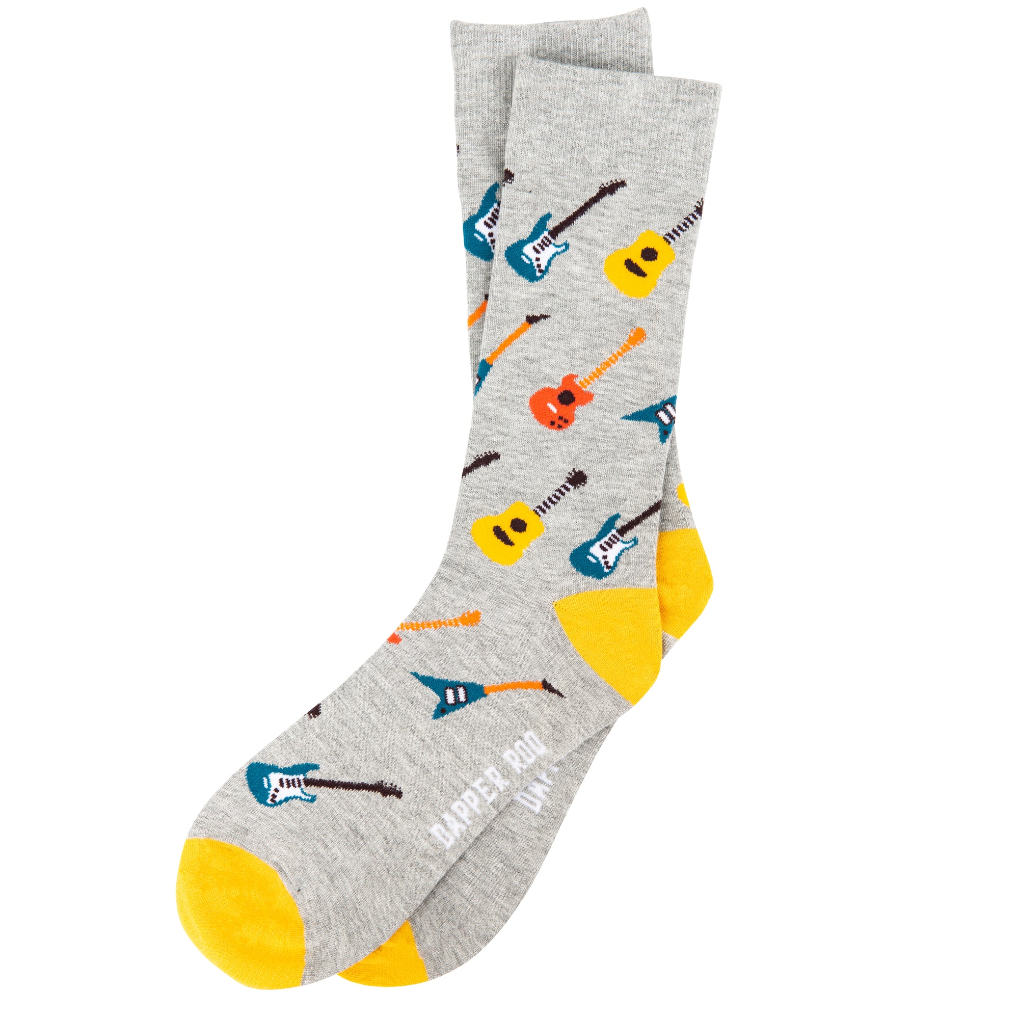 Rock On Guitar Bamboo Socks by Dapper Roo, Rock on Guitar Socks, Dapper Roo, Socks, Heather Grey, Yellow, Multi, Bamboo, Elastane, Nylon, Elastic, SK2014, Men's Socks, Socks for Men, Clinks.com