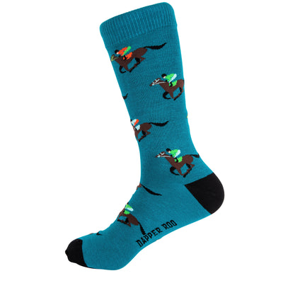 At the Races Horse & Jockey Bamboo Socks by Dapper Roo, Teal, Black, Socks, SK2017, Men's Socks, Socks for Men, Clinks.com