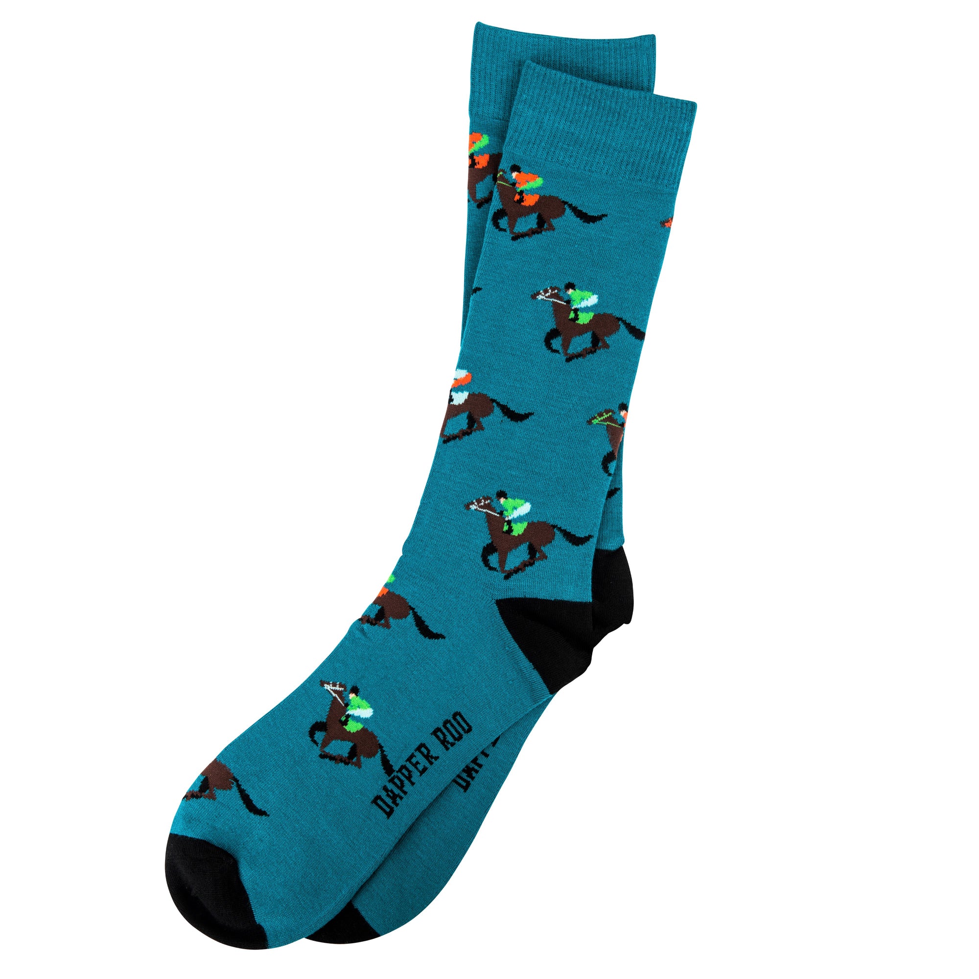 At the Races Horse & Jockey Bamboo Socks by Dapper Roo, Teal, Black, Socks, SK2017, Men's Socks, Socks for Men, Clinks.com