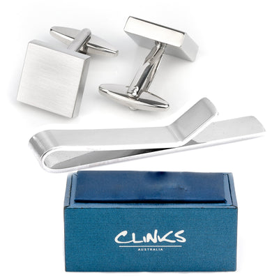 Brushed Silver Cufflinks & Tie Bar Set