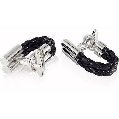 Silver Black Leather Wrap Around Cufflinks