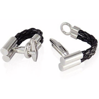 Silver Black Leather Wrap Around Cufflinks