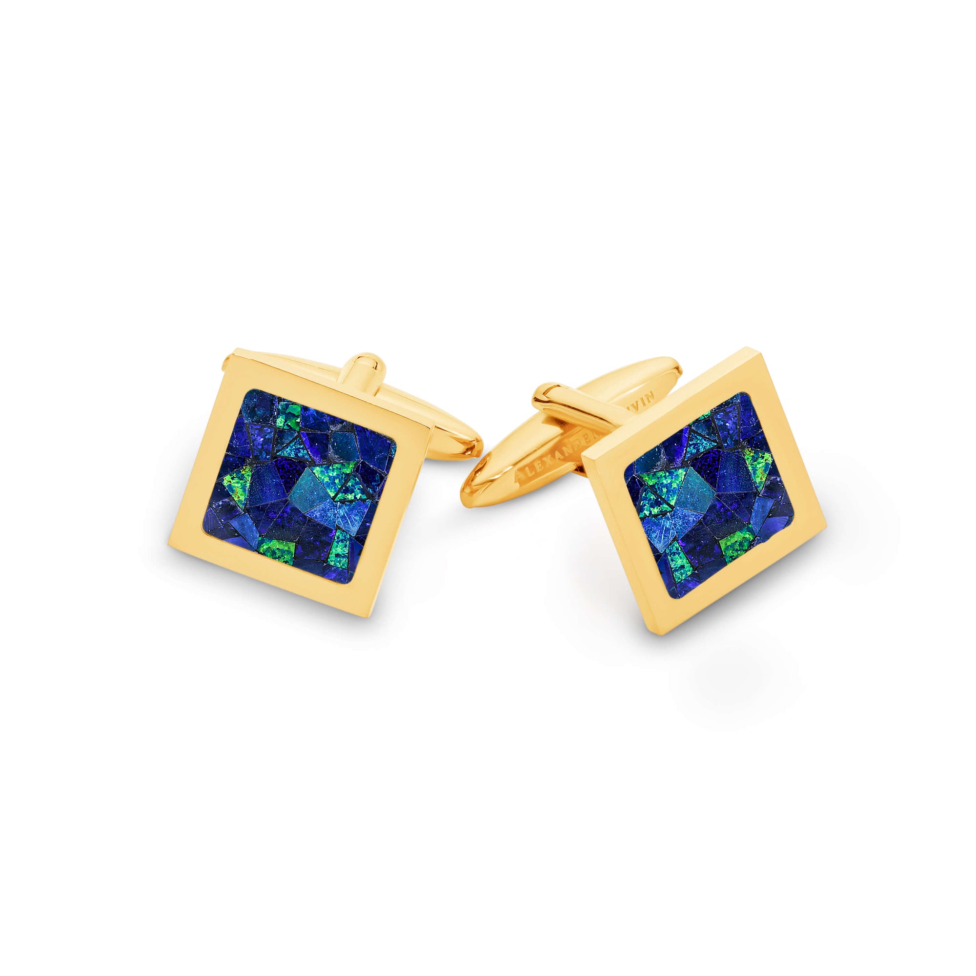 Australian Square Opal Cufflinks (Blue Yellow Gold)