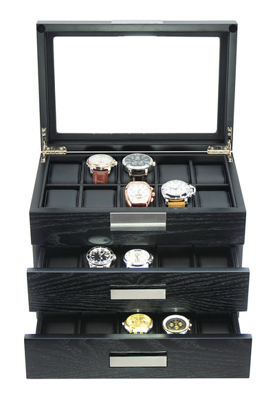 Black Wooden Watch Box, 30 Watch Box, Cuffed Watch Box, Clinks Australia Watch Box, Black Watch Boxes on Cuffed, Australia Watch Box, Watch Storage Box, Watch Display Box, 30 Slots Watch Boxes, Watch Boxes for 30, Wooden Watch Box, Black, Wooden, Watch Boxes with Drawer, Storage Boxes, CB5047, Clinks.com