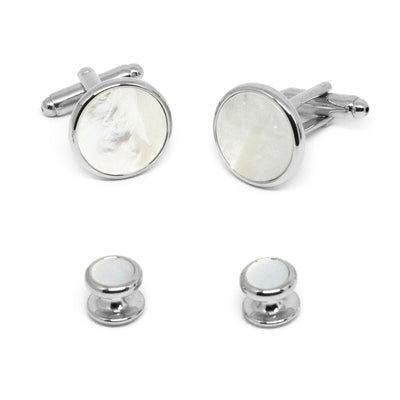 Silver Round Mother of Pearl Cufflinks and Stud Set